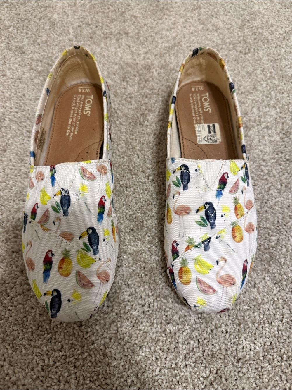 TOMS Kids White Canvas Slip-On Shoes with Colorful Tropical Bird Print